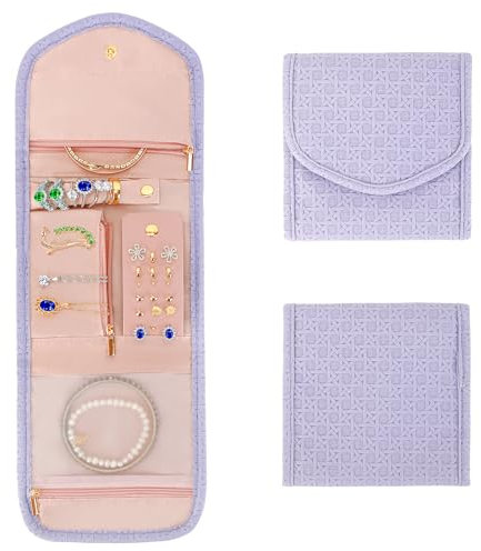 LETURE PU-Leder-Reise-Schmuck-Organizer-Koffer, faltbar, kleine Schmuckrolle für Reise, Ring, Anhänger, Ohrringe, Halskette, Armband (lila)