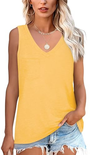 NONSAR Camiseta básica de verano sin mangas para mujer. Camiseta elástica con cuello en V y bolsillo, camiseta interior cómoda de estilo informal