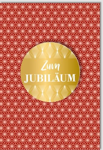 Glückwunschkarte zum Jubiläum mit goldenem Schriftzug und rotem Sternenmuster, Elegante Feierkarte, Geschäftsjubiläum, Hochwertige Folienprägung mit Umschlag