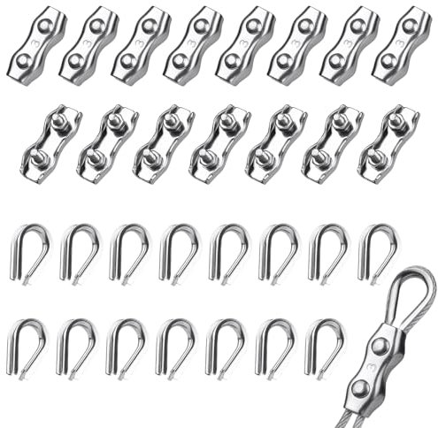 Nadisean 30Pcs Wire Rope Clamp M3, 15PCS 304 Stainless Steel Cable Clamps with 15PCS Wire Rope Thimble, 3mm Wire Clamp, Duplex Rope Clamp Fence Wire Connector for Clothesline Tensioner Awning Fixed