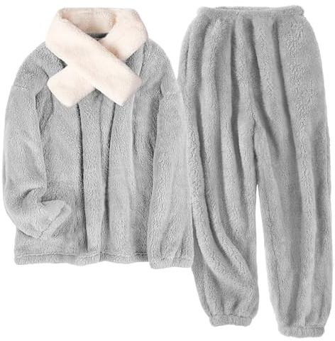 Tuopuda Pigiama Donna Invernale Pigiami Due Pezzi, Pigiama Pile da Casa con Sciarpe Tasche Felpa Manica Lunga e Pantalone Lungo, Indumenti da Notte Sleepwear, Grigio-2, L