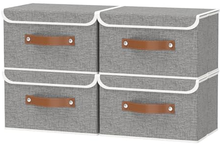 OUTBROS 4 Pezzo Scatole Cartone con Coperchio, Contenitore Pieghevole, 33x23x20 cm Cestini Armadio, Cubi di Tessuto con Maniglia, Organizer per vestiti, Grigio