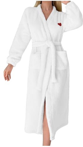 Bademantel Damen Flauschig Lang Morgenmantel Herz Stickerei Plüsch Loungewear Doppelseitiger Fleece Saunamantel Winter Kuschelig Hausmantel Weich Loungewear Nachtwäsche Dressing Gown mit Taschen