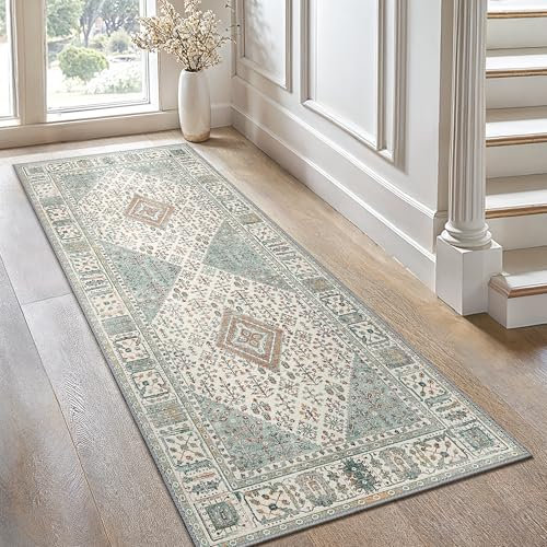 GENIMO Runner Rug 60x120cm,Washable Oriental Ethnic Pattern Rug for Hallway,No Pile Boho Carpet with Non Slip Backing for Bedroom,Kitchen,Landary Balcony,Green
