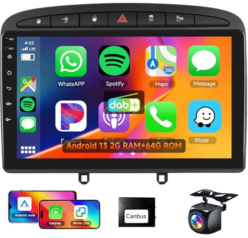 2G+64G DAB/DAB+ for Peugeot 308 Car Radio 2007-2015 with HiFi Audio Carplay Android Auto, Hodozzy 9 HD IPS Touchscreen Car Stereo Android Head Unit with Bluetooth GPS WiFi FM/RDS SWC Backup Camera