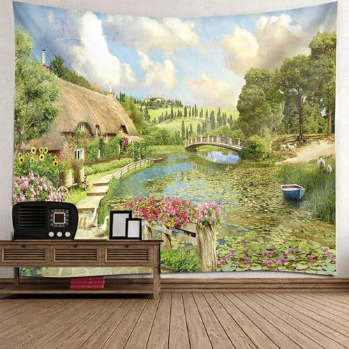 Skcess Tapestry Grün, Polyester Wall Tapestry Hoflandschaft Tapisserie für Wohnzimmer Schlafzimmer Wohnheim Wanddeko Wandteppich 200x200CM