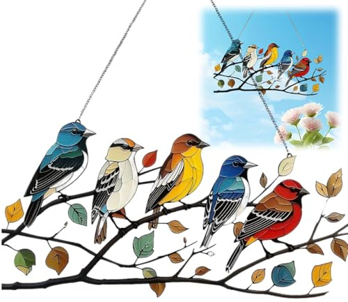 Siyinzu Garden Suncatcher Birds Ornaments, Stained Glass Bird Suncatcher, Multicolor Birds on Branches, Window Hangings for Home & Garden Decorations