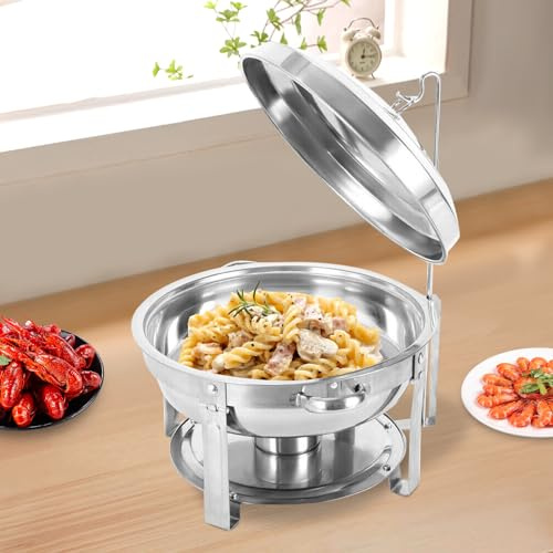 Round Chafing Dishes 7.5 Litre 410 Stainless Steel Food Warmer Buffet with Lid & Holder Food Serving for Banquet, Dinners, Weddings Parties, Catering, Buffet, Restaurant