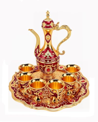 Ensemble de tasses à café turque vintage avec plateau et 6 tasses à café rétro - Ensemble de tasses à vin décoratives vintage pour décoration de fête à la maison (rouge)