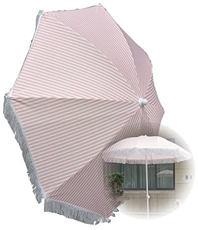 Parasol de terrasse vintage rose et blanc avec pompons, 140 cm, parasol de plage portable, décoration de mariage en plein air, ombre de jardin élégante pour fêtes et événements