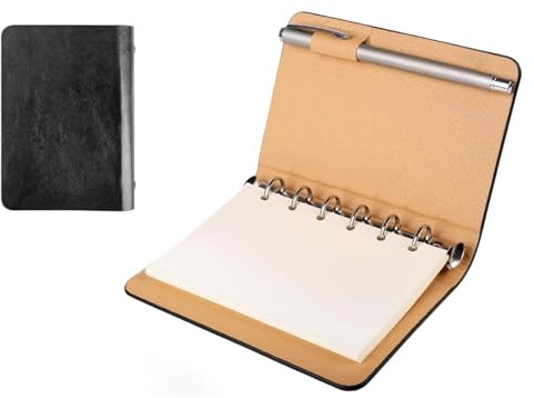 txuzong Nachfüllbares A7 Ringbuch mit 6 Ringen • Aus Kunstleder mit Hardcover • Notizbuch mit glattem beigem Papier • Personalisiertes Tagebuch, Planer oder Adressbuch für Frauen & Männer • Inkl. lini