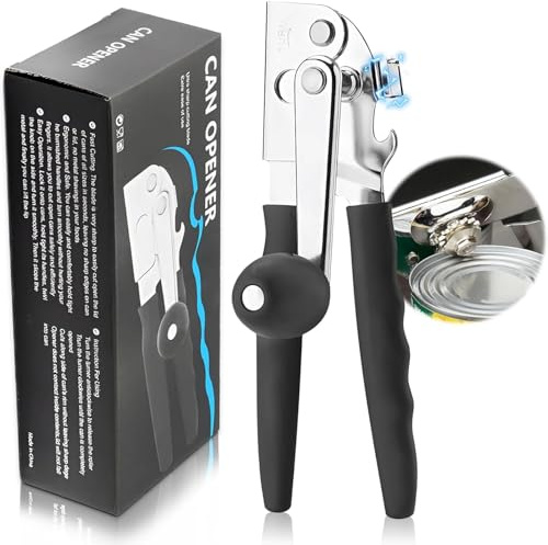 Quixotical Heavy Duty Manual Can Opener with Easy Crank Handle, Stainless Steel Smooth Edge Commercial Can Opener for Kitchen, Ergonomic Grip for Seniors and Safe Food Prep