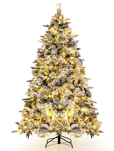 COSTWAY Albero di Natale Innevato136/186/215 cm, Albero di Natale con 150/250/300 Luci LED Bianco Caldo, 384/752/1096 Punte di Ramo Miste e Aghi di Pino per Casa e Ufficio (215 cm)