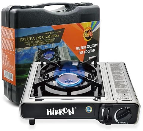 HIBRON Hornillo de Camping Portátil - Compacto, con Maletín de Transporte - Compatible con Cartucho de Gas Certificado EN17476 ó UL147B - Ideal para Acampada
