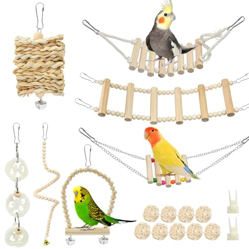 Vogel Spielzeug Käfig Papageien Spielzeug Natur 19 Stück Vogelspielzeug | Hängend Vogel zubehör Hängematte Holzleiter Vögel Kauspielzeug Vogelkäfig zubehör, für Wellensittich Sittiche, Liebesvögel