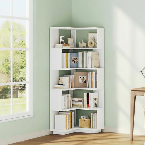 Uniclinens Corner Book Shelf, 5 Tier Corner Bookshelf Etagere Bookcase with Baffle, Freestanding L Shaped Display Shelf Stand for Home Office, Living Room, Bedroom, Kitchen, White