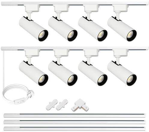 J&L Track Lighting Kit, 8 Track Lights 6000K Cool 25W 2700lm Energy Saving Super-Bright Dimmable Spotlight with 3M Track Rail, Cool White Adjustable Angle Light Heads