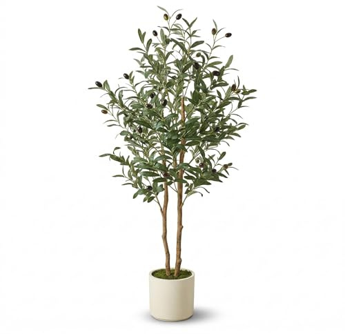 Garvee Olivo Artificial de 150 cm con Tronco Natural y Frutos Realistas - Planta Falsa para Decoración de Hogar, Oficina y Salón - Maceta Blanca con Musgo Incluida