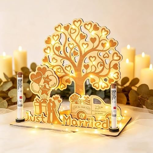 Belillpipi Geldgeschenk Hochzeit Holz mit Lichterketten, Mr&Mrs Hochzeitsgeschenke für Brautpaar Geld,Lebensbaum Herzförmiges Geschenk zum Hochzeit Hochzeitstag aus Holz (Lebensbaum - Just Married)
