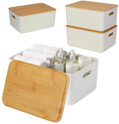 Relaxdays Aufbewahrungsbox, 2er Set, mit Deckel, Kunststoff & Bambus, mit Griffen, Organizer, HBT: 16 x 36 x 25 cm, weiß