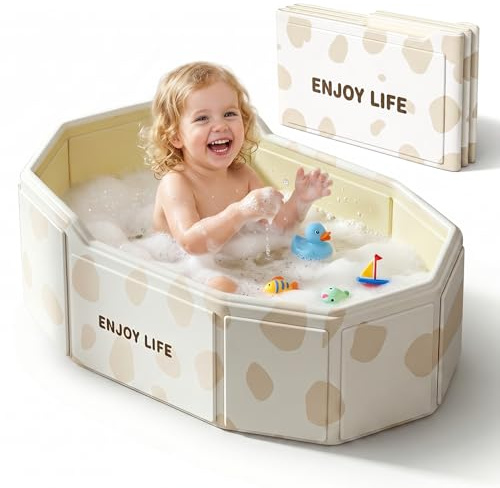 Faltbarer Kinder Baby Badewanne, Babybadewanne Faltbar mit Erhöhter Rückenlehne, Geeignet für Kinder von 0–8 Jahren, Tragbarer Außenpool mit Ablassventil (Beige)