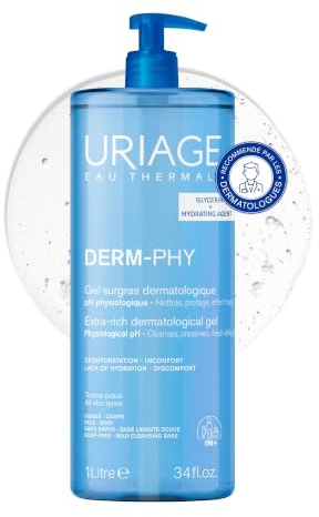 Uriage Derm-Phy Extra-rich Dermatological Shower Gel, Daily Face Body Wash | Preserves Hydrolipidic Film & Skin Comfort, Physiological pH, Soap-Free, Fresh Foaming Face & Body Cleanser