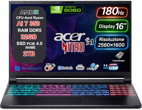acer Nitro V 16 AI PC Copilot+ Notebook Gaming, AMD Ryzen AI 7 350, 32GB RAM DDR5 5600MHz, 2TB SSD PCIe, NVIDIA RTX 5060 8GB GDDR7, Display 16 WQXGA IPS 180Hz 2560x1600, WiFi 6E, USB4, Windows 11