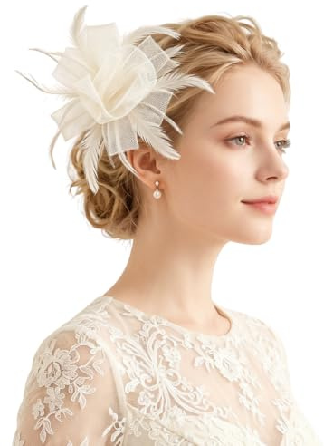 IGXX Fascinator Creme für Damen, Blumen Feder Netz Kopfschmuck mit Clip, Haarschmuck für Hochzeit, Pferderennen, Cocktail und Tee Party