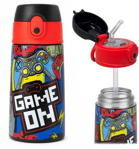 400 ml termisk vattenflaska i rostfritt stål, vattenflaska med sugrör och Pop-up-lock, droppsäker och BPA-fri, perfekt för skola, dagis och sport (Gamer Squad)