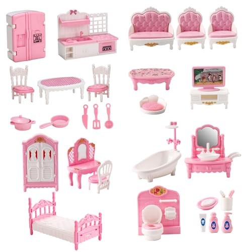 Pineeseatile 4 Juegos de Muebles de casa de muñecas de plástico Realista para niños, Incluye Cocina, Dormitorio, baño, Sala de Estar, Kit de Bricolaje, Accesorios para casa de muñecas