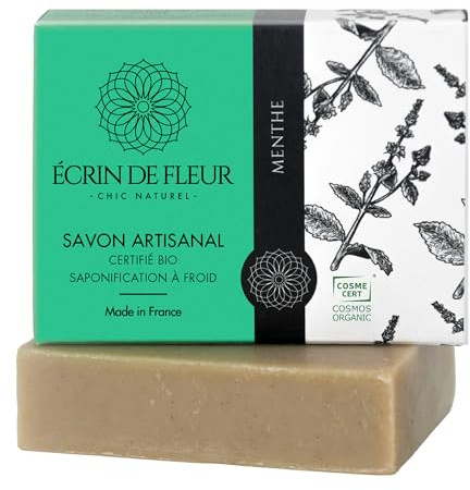 Écrin De Fleur - Bio Minzseife Stück, Herren All-in-One Seife, Gesicht, Körperwäsche, Haare und Rasur, Handgefertigt in Frankreich mit Spearmintöl, Pfefferminzöl und Minzblätterpulver 1x90g