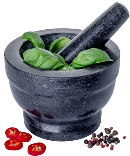 Homiu Ensemble pilon et mortier | Grand broyeur en pierre de granit avec base | Ustensiles de cuisine en pierre naturelle, solide et durable, broyeur à épices, ail et herbes | Grand broyeur de graines