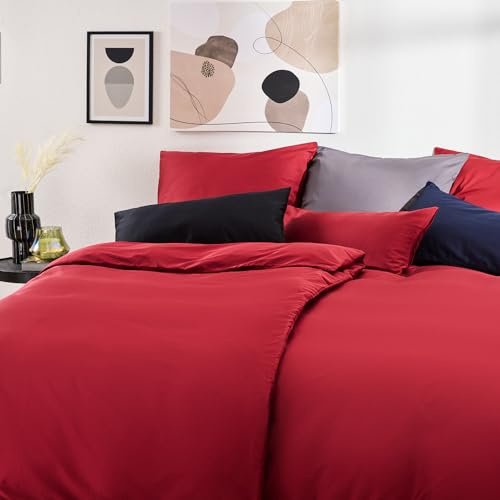 Blumtal Mako Satin Bettwäsche 135 x 200 & 80x80 cm Kissenbezug Rot - Oeko Tex Zertifizierte Satin Bettwäsche aus 100% Baumwolle - edler Bettbezug Glanzoptik 135x200 Satin mit Reißverschluss