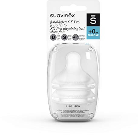 Suavinex 307042, Confezione di 2 Tettarelle Simmetriche in Silicone SX Pro, Flusso Lento per Neonati, con Sistema Anti-Colica