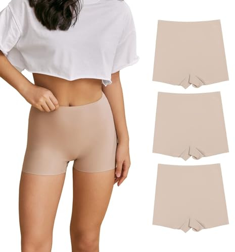 SHARICCA Boxershorts för kvinnor, sömlösa shorts, cykelbyxor, underbyxor, hotpants, korta byxor, hög midja, boxershorts av viskos, (3-pack) beige, XL