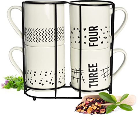 Sendez Juego de 4 tazas de café de porcelana de 300 ml con soporte de metal