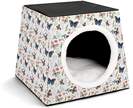 Three-Purpose Cat House Cat Bed Cat Sofa Printed Cat Cube Indoor Outdoor Kitty Shelter Butterflies White