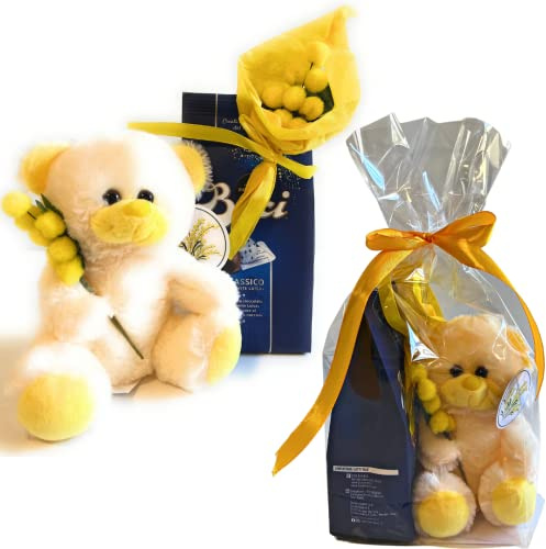 Baci Perugina Regalo Uomo e Donna Compleanno - Peluche Mimosa + Baci Bag 125gr + Bouquet Mimosa Artificiale (BACI PERUGINA)