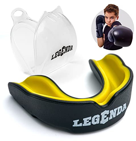 Legenda Sports Mouthguard for Kids (w/ Case), Professional Mouth guard for Boxing, MMA, Karate, Football, BJJ, Jiu Jitsu, Martial Arts, Rugby, Lacrosse, Hockey and High Contact Sports (White / Blue)
