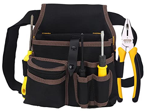 Canvas Tool Belt Pouch, 7 Multi Pockets Nail and Hammer Pouch, Work Tool Pouches with Belt, Hammer Holder, Drill Holster, Screw Pouch for Builders, Carpenters, Gardeners, Electricians