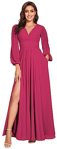 vintys Abito da damigella d'onore con scollo a V da donna con maniche lunghe pieghe in chiffon formale abito da sera per matrimonio VT001, Fucsia, 40
