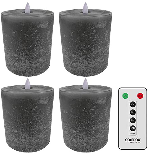 Sompex LED Kerzen mit Timerfunktion und flackernder Flamme, grau ⌀ 10cm, Höhe 10,5cm, Adventskranz 4er Sets, Weihnachtsdeko, LED Deko, Stumpenkerzen (4er Set mit Fernbedienung)