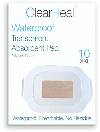 ClearHeal Vattentät ö-dressing med absorberande dyna – 10 cm x 12 cm, förpackning med 10 – steril filmplåster för sår, C-sektion, HRT-lapp och ärrvård – andningsbar, allergivänlig