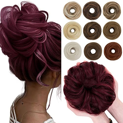 SEGO Chignon Finto per Capelli Elastico Sintetica Ondulato Finti con Posticci Ciambella Messy Hair Bun 55 G Rosso vino
