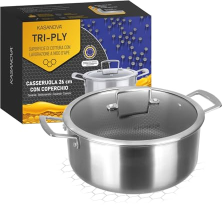 KASANOVA Casseruola antiaderente con rivestimento nido d'ape 26 cm Tri-ply, con coperchio in vetro