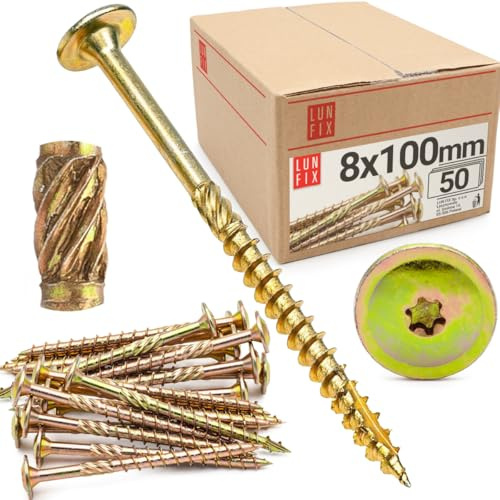LUN FIX Tellerkopfschrauben 8x100 50 Stk TX40 Torx Fräsrippen | Gelb Verzinkt Holzschrauben Terrassenschrauben Spanplattenschrauben Selbstschneidende Schrauben