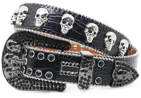 NALANY Damen Gürtel Totenkopf Nietengürtel Strassgürtel mit Schwarz Strasssteinen, Western Cowgirl Ledergürtel mit Gürtelschnalle für Party, Abschlussball(115cm/waist:38~40, Black)