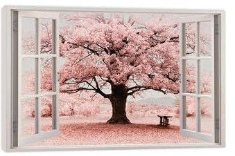 Leinwandbild Fensterblick Kirschbaum Bilder. Landschaftsbilder auf Leinwand. Wandbilder Wohnzimmer. Bild Fenster mit Ausblick. Aesthetic Room Decor. Wanddeko Schlafzimmer30x45cm(12x18in) Rahmen