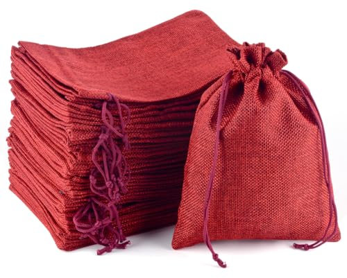 PLECUPE 30 Pezzi Sacchetti Juta Bomboniere, 15x20cm Sacchetti Juta con Coulisse, Sacchetti Confetti, Sacchettini Bomboniere, Sacchi di Juta per Feste e Matrimoni (Borgogna)