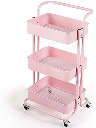 CCYENG Metallgeflecht-Lagerregal, Rollwagen mit abnehmbarem Griff und Stecker, Aufbewahrungsorganisator für den Innen- oder Außenbereich, Pink